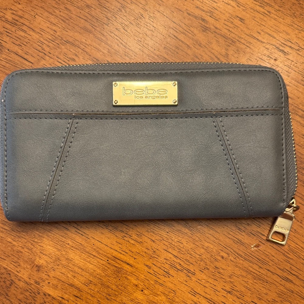 bebe Gray Zip-Around Wallet with Gold Plaque